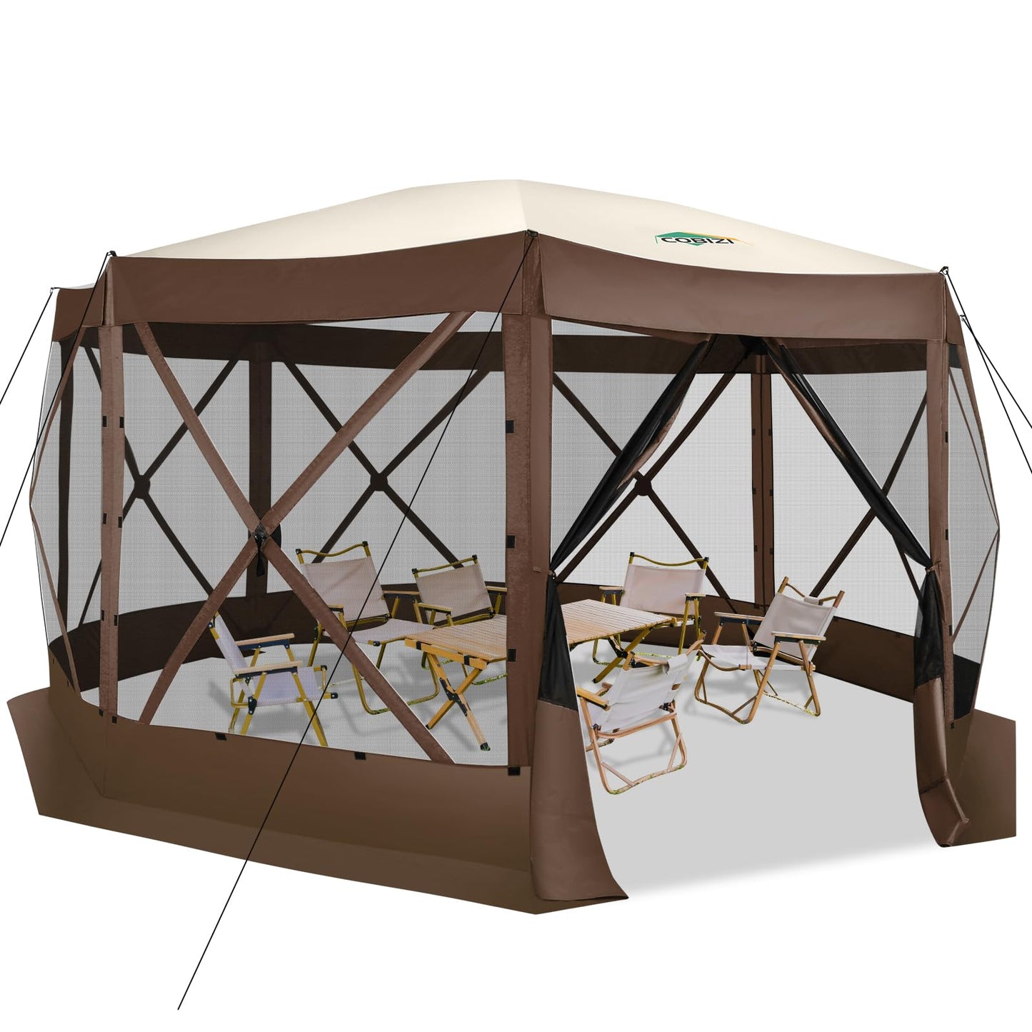 COBIZI 15x15FT Pop Up Gazebo Screen Tent Screen House for Camping, Screen Room with Mosquito Netting, Hub Tent Instant Screened Canopy with Carrying Bag and Ground Stakes, Brown