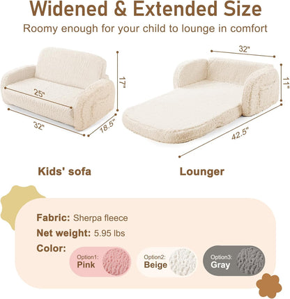2-in-1 3+, Sherpa Fold Out Kids Couch, Extra Wide Comfy Toddler Chair, Convertible Kids Sofa to Lounger, Foldable