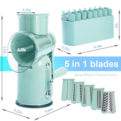 ENERGEVITY Manual Rotary Cheese Grater with Handle, 5 in 1 Replaceable Stainless Blades Cheese Shredder,Strong Suction Base Vegetable Slicer with Cleaning Brush & Bonus Storage Box for Blades (green)