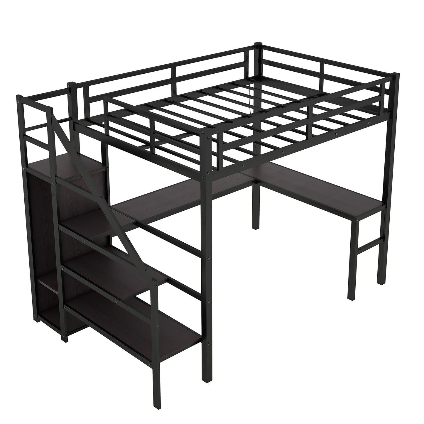 Heavy Duty Metal Loft Bed with Twin XL Size, Desk, Wardrobe & Storage Stairs, LED Charging Station, Space Saving for Kids, Teens & Adults - Black