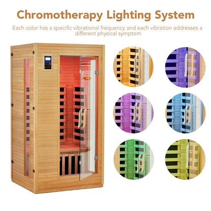 Garvee 2024 Upgrade 1 to 2 Person Sauna, 6 Heating Plate Infrared Physical Therapy Wooden Dry Steam Sauna, Low EMF, MP3 Auxiliary Connection, Dual Controls Inside and Outside Fits, Home Spa Day Use