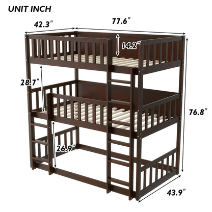 KEIKI Twin Over Twin Over Twin Triple Bunk Bed, Solid Rubber Wood Detachable 3-in-1 Bed Frame with Ladders & Full Guardrails, Space-Saving Boys & Girls Bed for Family & Sleepovers, Espresso