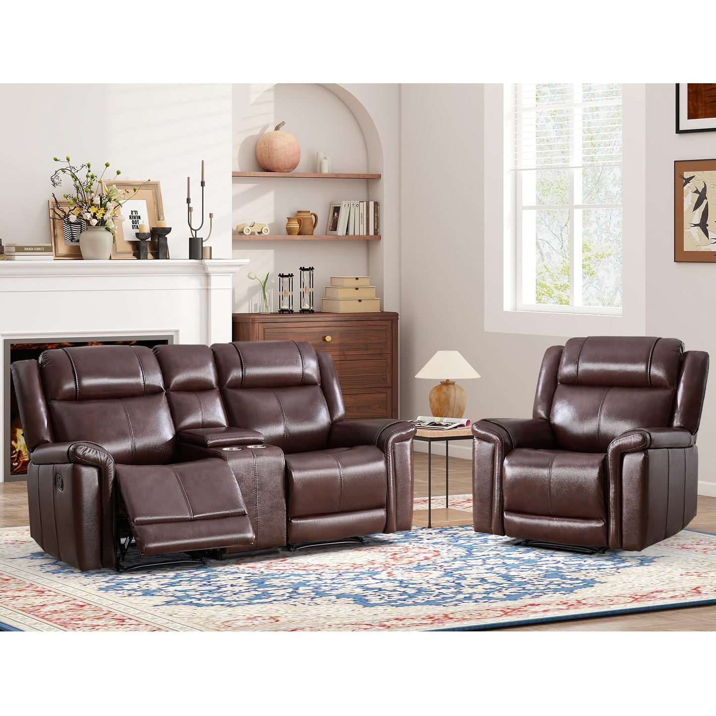 ANJ Premium Genuine Manual Reclining Sofa Set with Overstuffed Backrest, Included Single Recliner Chair and Loveseat 2-Seater Couch with Storage Console, 2-Piece Living Room Furniture Set, Rust Brown