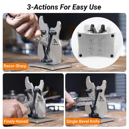 GLOBEHOME Professional Knife Sharpener for Kitchen, 3-Action Blade Sharpener with Tungsten Carbide, Auto Adjustable Brushed Stainless Steel Manual Sharpener for Serrated, Beveled, Standard Blades