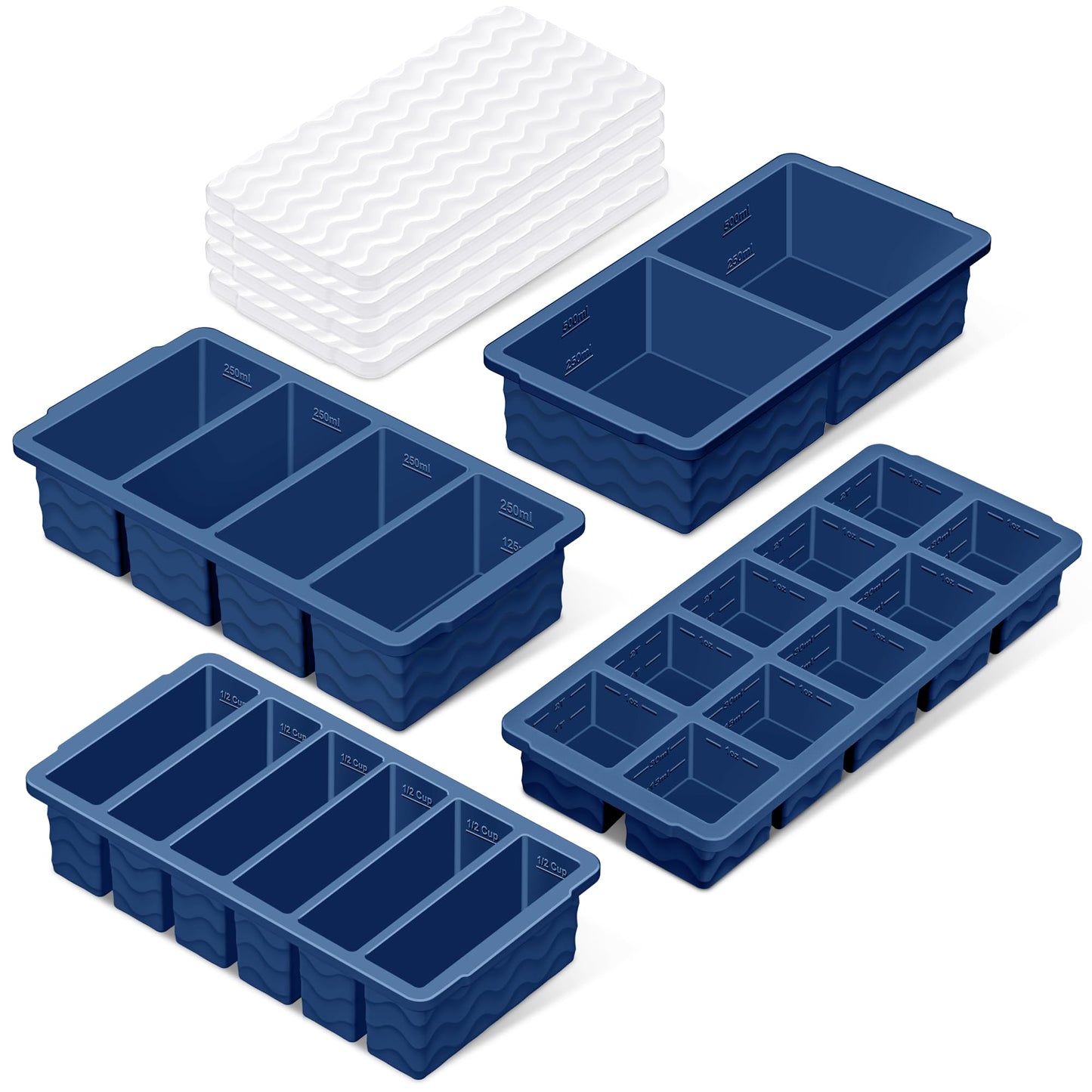 Silicone Freezer Trays with Lid (4-Pack), 1-Cup, 2-Cup, 1/2-Cup & 2-Tbsp Silicone Freezer Molds, Stackable Soup Freezer Meal Prep Containers,Ice Cube Tray for Making Sauce,Smoothies,Yogurt Bites