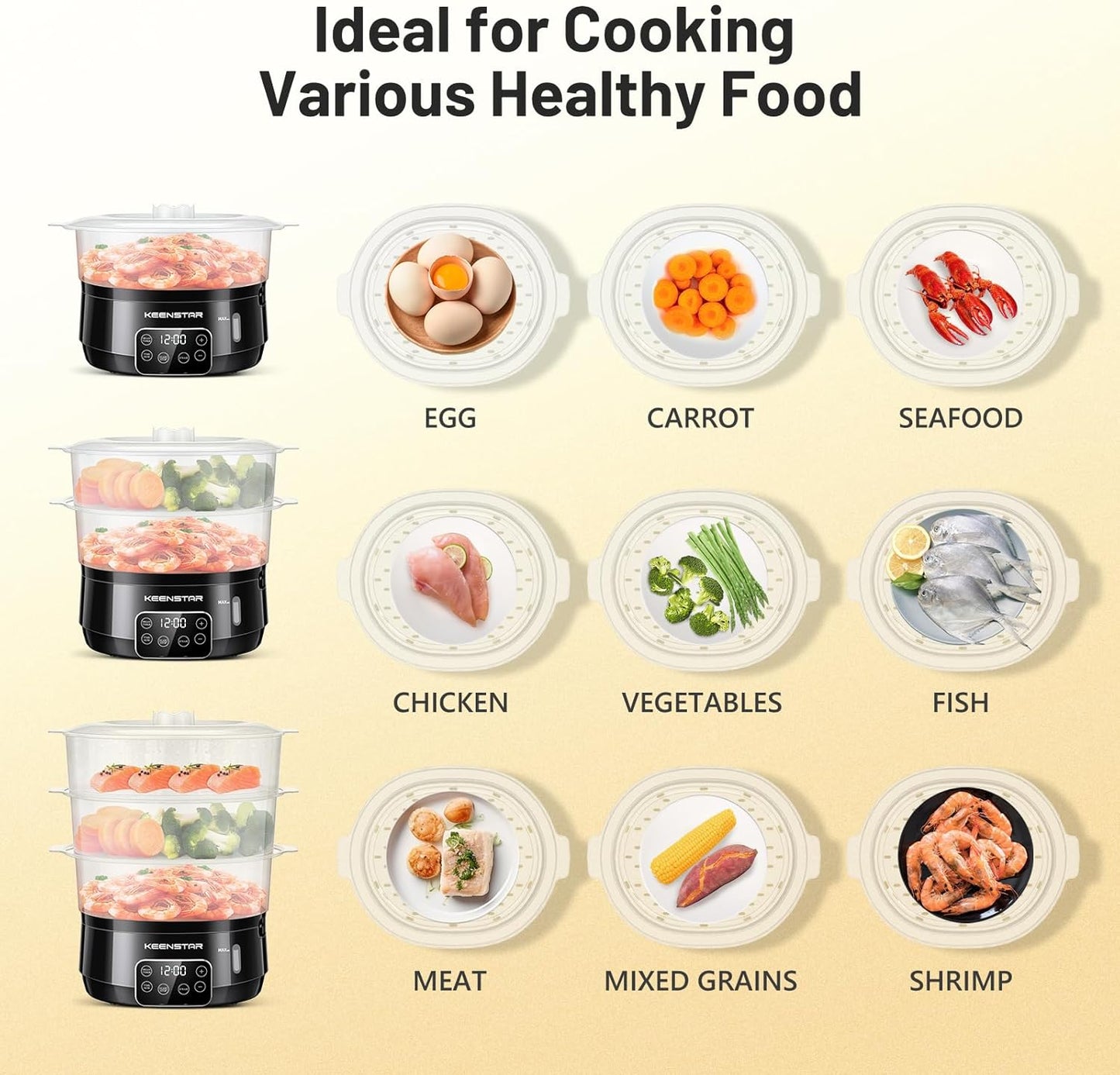 13.7QT 3 800W Electric Food Steamer for Cooking, Vegetable Steamer with Tiers BPA-Free Baskets, Digital Steamer