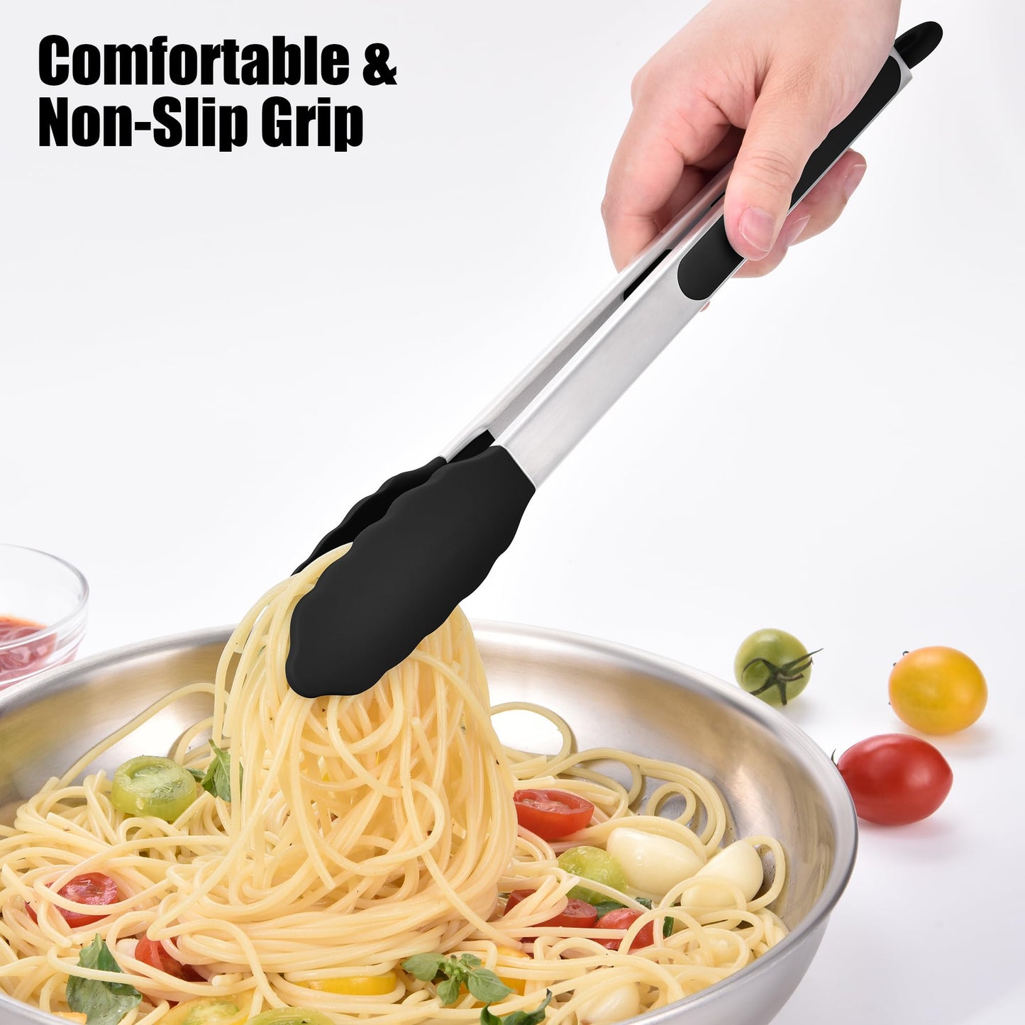 Doosu Kitchen Tongs for Cooking - 600°F Heat Resistant Food Tong Set with Non-Scratch Silicone Tips, Heavy Duty Stainless Steel Locking Tong for BBQ, Grilling Steak, Serving Salad (9+12in, Black)