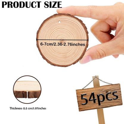 BIBRADAA Wood Slice Ornaments 54 Pcs 2.4-2.8 Inches,Unfinished Natural Wood Cookies,Predrilled with Hole Wood Slices for Crafts,Christmas Ornaments Wedding Decorations etc. ﻿