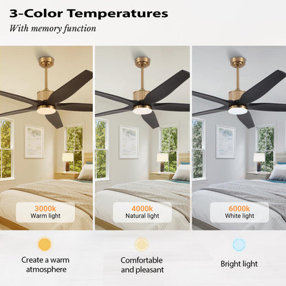 LEDLUX 60" Ceiling Fan with Light – Remote Control, Solid Wood, 6-Speed, Quiet Reversible DC Motor, Black/Gold Finish, 4.5"/12" Downrods, Noiseless Large Ceiling Fan for Bedroom, Living Room, Porch