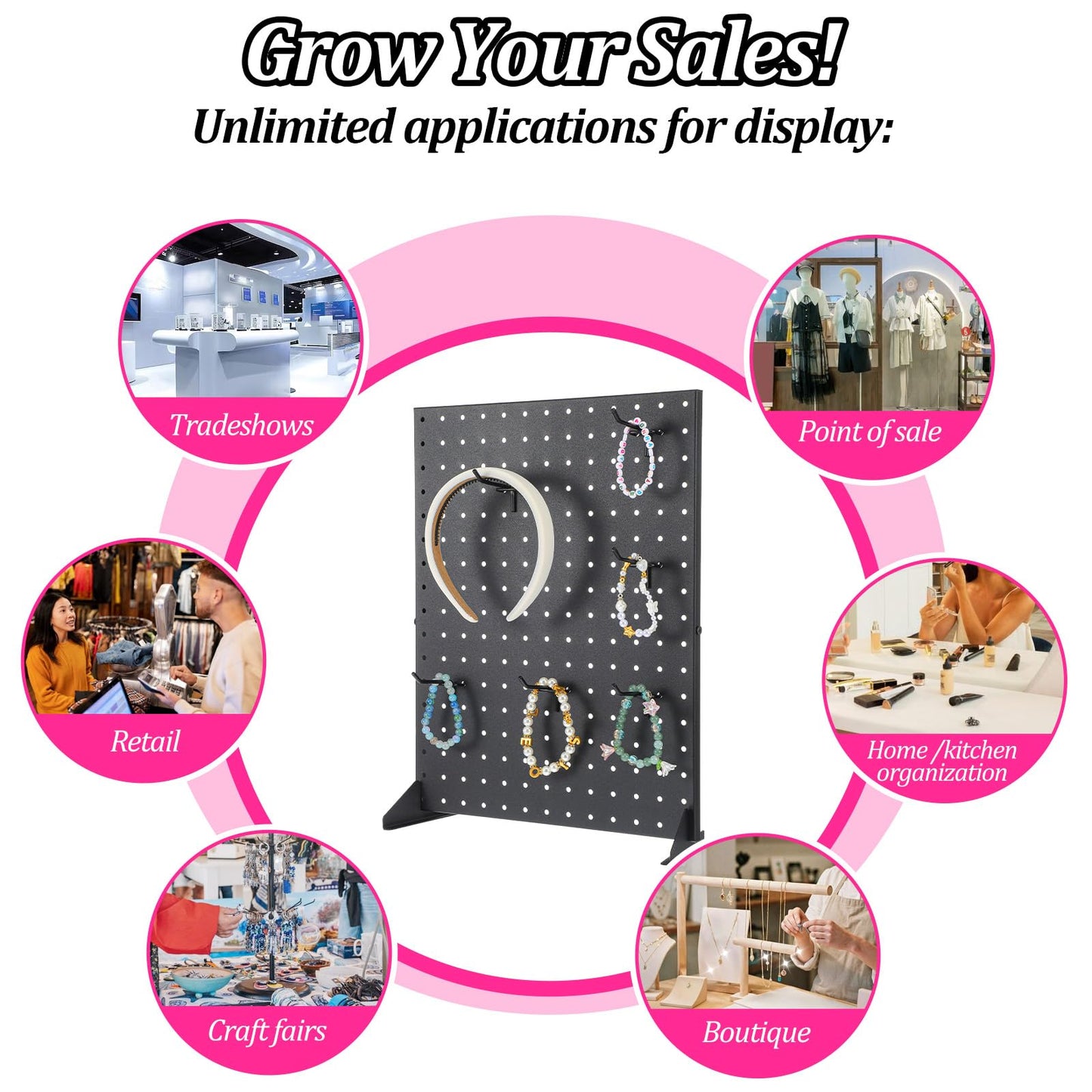 Xaajooio Metal Pegboard Display Stand with 15 Hooks 17x13 Inch Black Tabletop Retail Ornament Display Rack for Jewelry, Accessories, Keychains, Craft Shows, Vendors, Boutiques, and Events