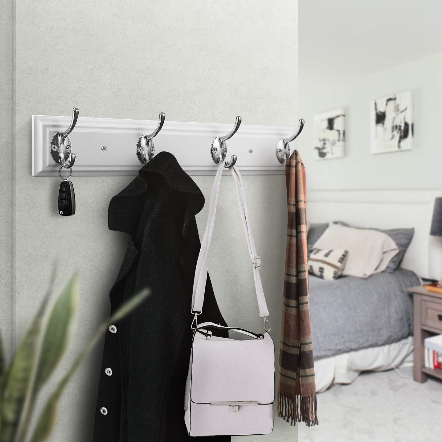 YTJG Coat Rack Wall Mounted White, 17" Wooden Modern Wall Coat Hanger with 4 Hooks, Heavy Duty Zinc Alloy Wall Hook Rack for Hanging Coats, Keys, Bags, Great Touch for Bedroom Bathroom Kitchen