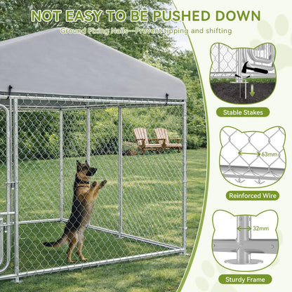 COMHOMA 7.5×7.5FT Outdoor Dog Kennel with Adjustable Bowls Feeder Heavy Duty Extra-Large Dog Enclosure with Roof & Lock All Weather Resistant for Medium Large Dogs