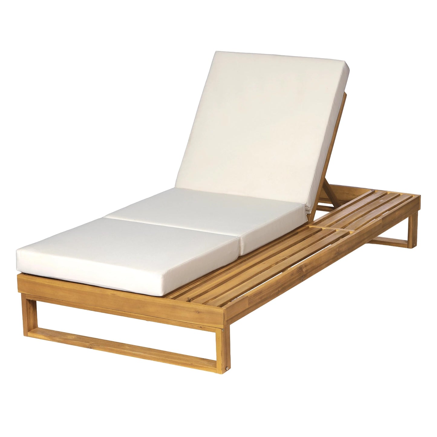Merax Teak Finish Acacia Wood Chaise Lounge with 4-Inch Cream 3-Fold Water-Resistant Cushion Set, 4-Position Adjustable Outdoor Patio Lounger with Flat Side Surface, for Poolside