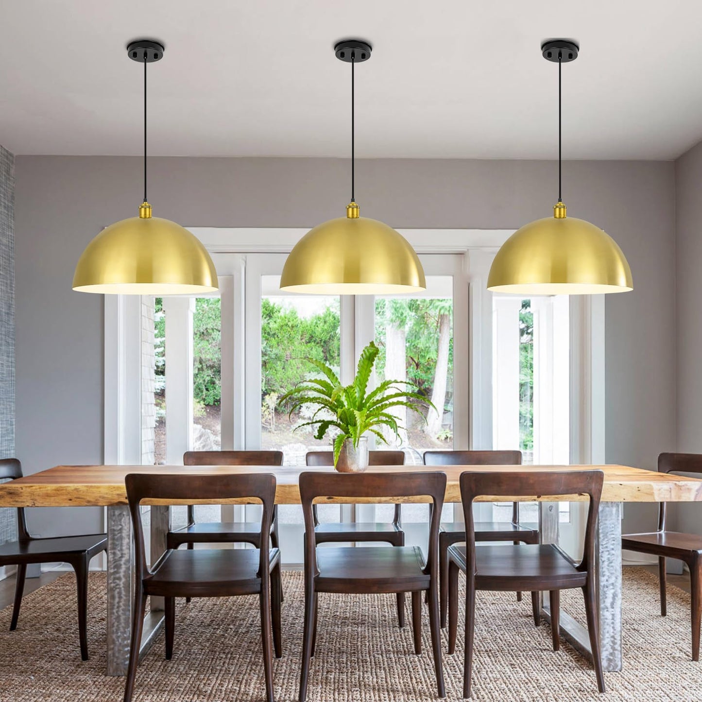 YOGIRL Gold Pendant Light, 20" Farmhouse Ceiling Light with Gold and White, Elegant Semi-Circular Shade Design, Adjustable Height Industrial Dome Pendant Lights for Kitchen Island, Dining Room