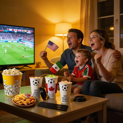 16 oz White Disposable Soccer Party Paper Cups USA (World Host #3) 24 Sets, To-Go Cups with Straws Lids Sleeves for Cold Drink/Hot Beverage, Compostable Water-Based Coating, Soccer Theme Supplies