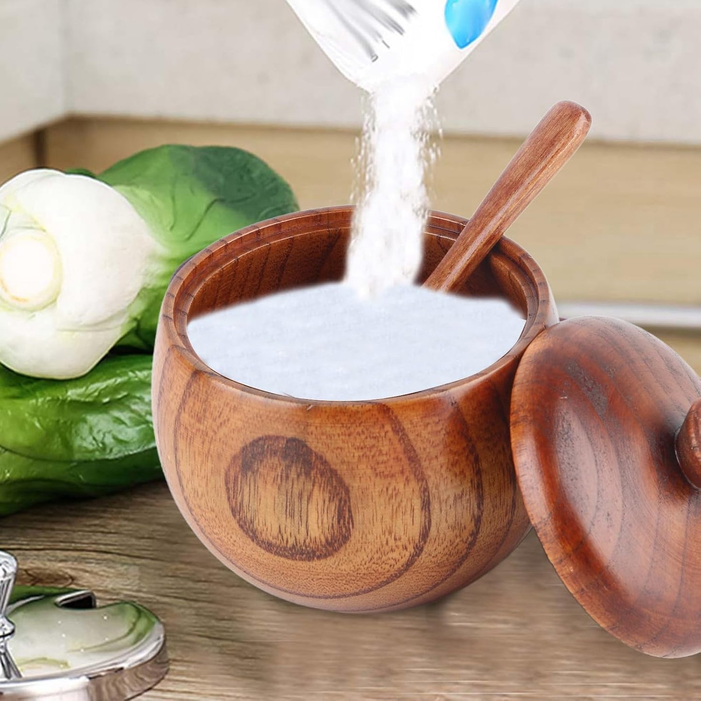 AYNEFY Solid Wood Spice Jar, Sugar Salt Pepper Storage Bowl with Spoon and Lid for Home Restaurant Food Shop