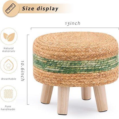 Handwoven Round Ottoman, Natural Water Hyacinth Outdoor Patio Pouf Seagrass Low Stool with Wood Legs, Soft Padded