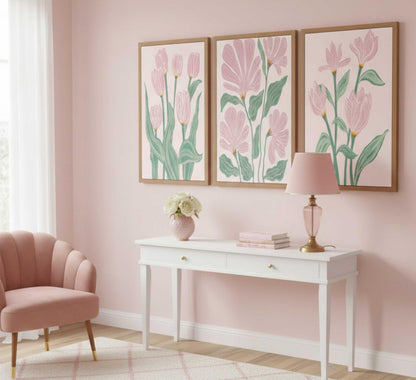3 Pcs Pink Tulips Flowers Canvas Wall Art Boho Pink and Green Abstract Floral Botanical Paintings Pictures Wall Decor Poster Print Artwork for Living Room Bedroom Home Decoration Unframed