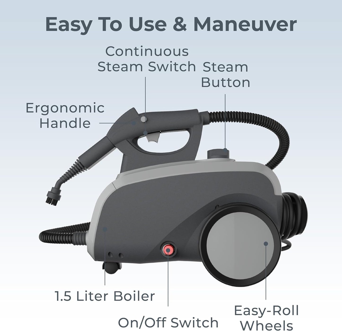 Pure Enrichment PureClean XL Rolling Steam Cleaner - 1.5L Heavy-Duty Steamer with 17 Accessories for Chemical-Free Deep Cleaning
