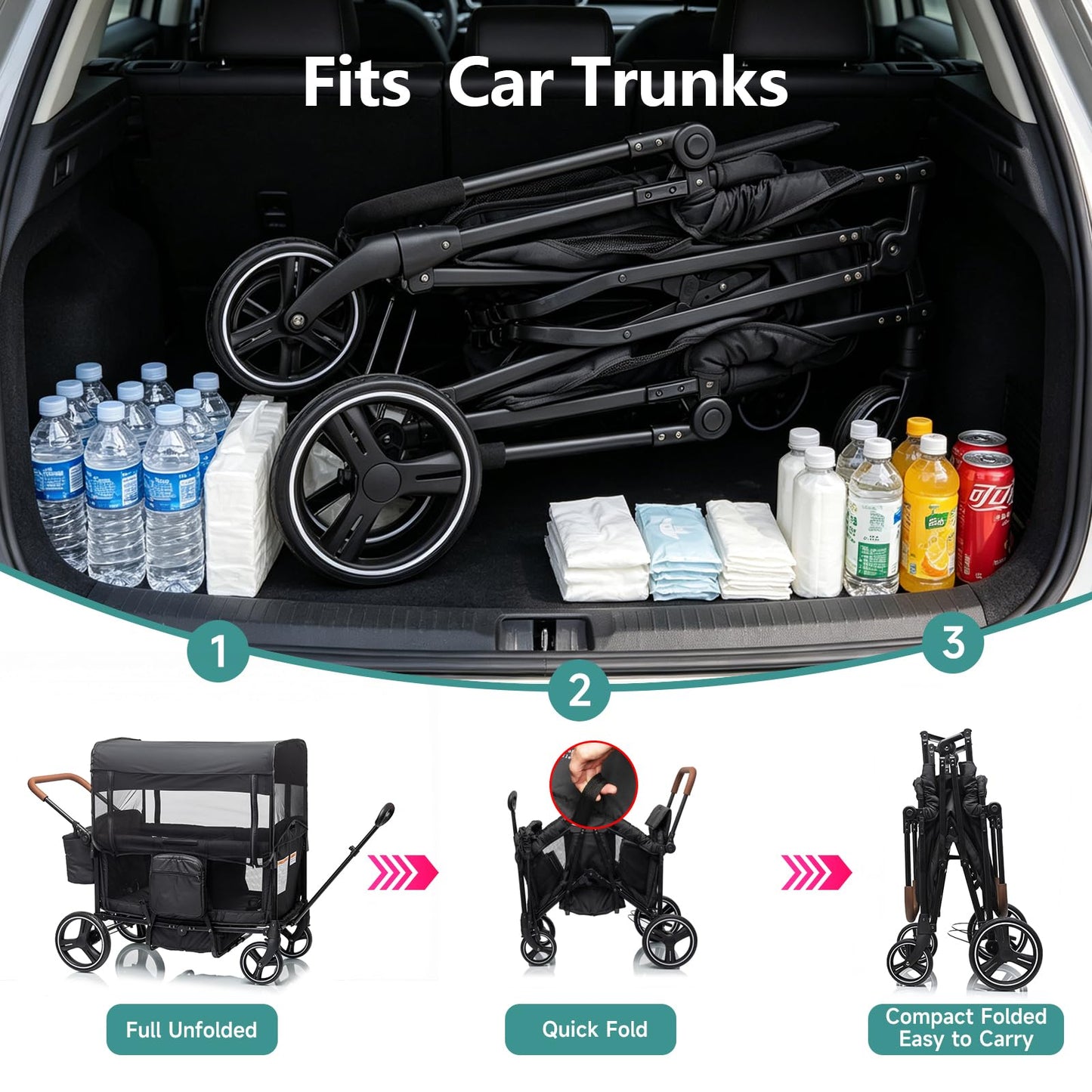Voupou Wagon Stroller for 2 Kids,Push Pull Wagon with Adjustable Handle, Folding Wagon with Canopy & Mosquito Net, All-Terrain Wheels,Cup Holder & Snack Tray,Storage&Mom Bag,for Camping Beach Travel
