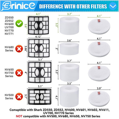 Erinice ZD550 filter replacement for Shark Lift-Away Upright Vacuum ZD552 UV700 NV600 NV601 NV611 NV770 NV772 ZU700C ZU701 Parts, 2 Post-motor+ 4 Foam & Felt Filters, replace to part # XHF600 & XFF600