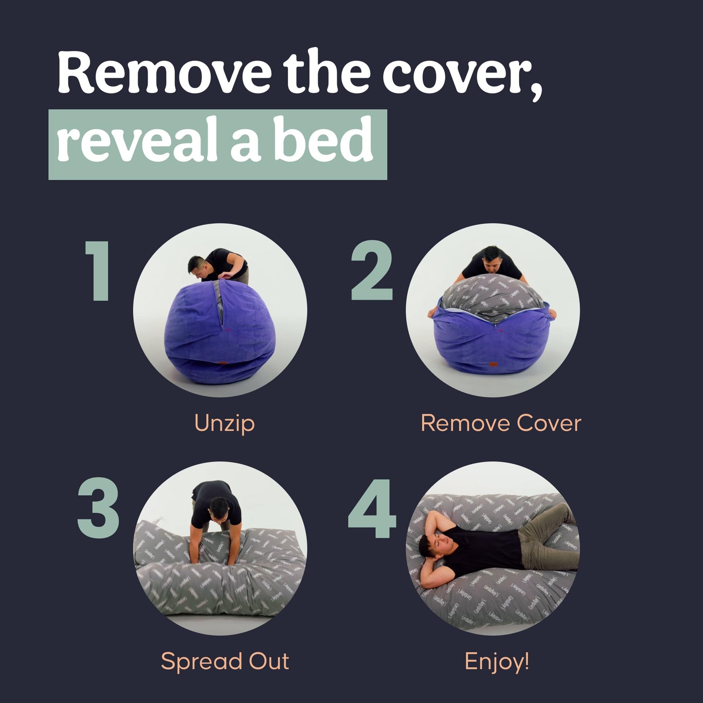 CordaRoy's Plush Bean Bag - Convertible Bean Bag Chair - Machine-Washable Plush Fabric Cover - for Basement, Living Room, Game Room, Dorm & More - King Size - Indigo | Made in The USA
