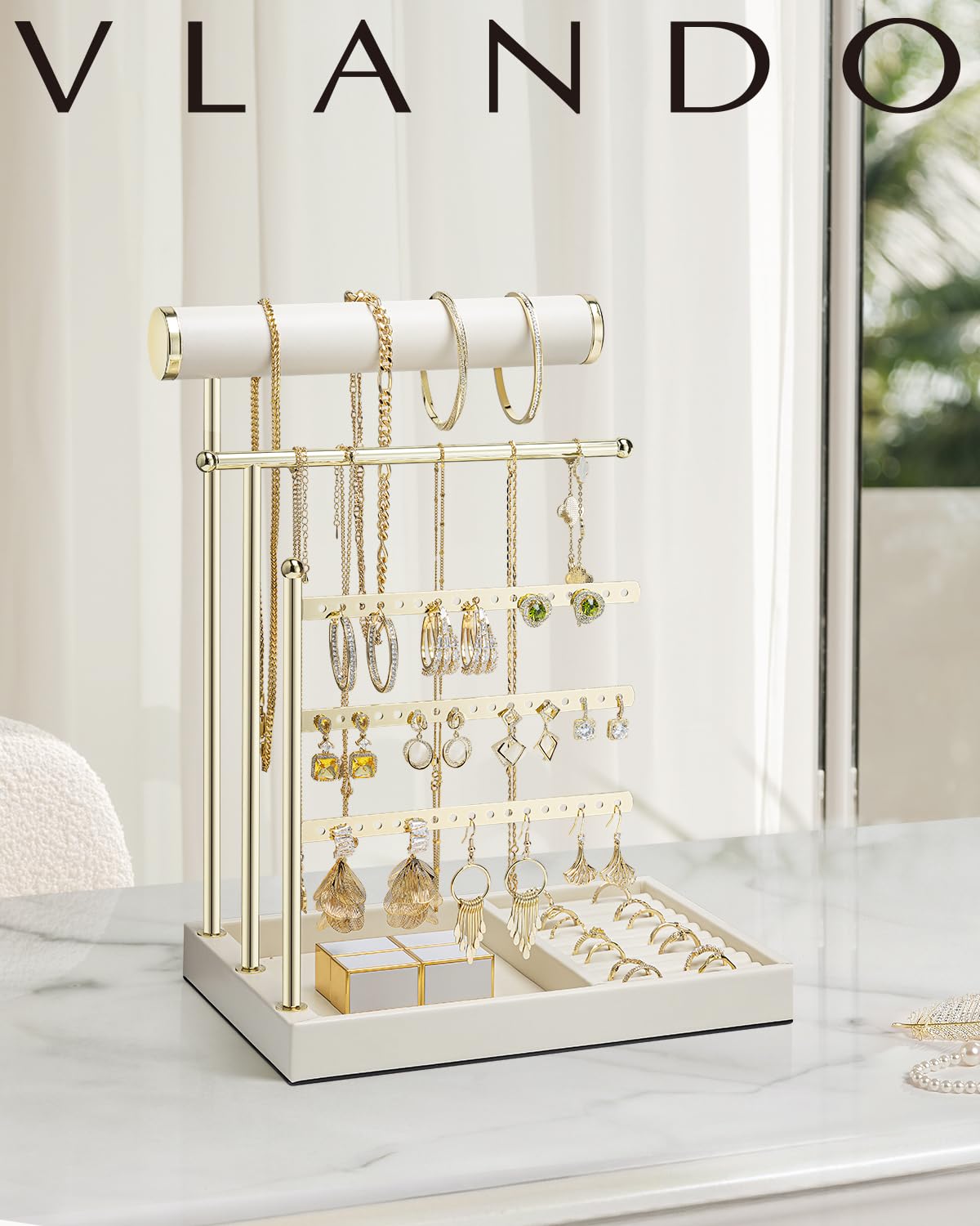 VLANDO Jewelry Stand Organizer with Ring Holder Tray, Necklace and Earring Storage for Bracelets, Watches and Rings, PU Leather Covered Wooden Tray with Gold Metal Frame - Beige