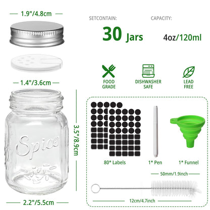 CycleMore 30 Pack 4oz Glass Mason Spice Jars, Round Spice Containers with Silver Metal Caps and Pour/Sift Shaker Lids-80pcs Labels,1 Silicone Collapsible Funnel,1 Brush and 1pcs Pen Included