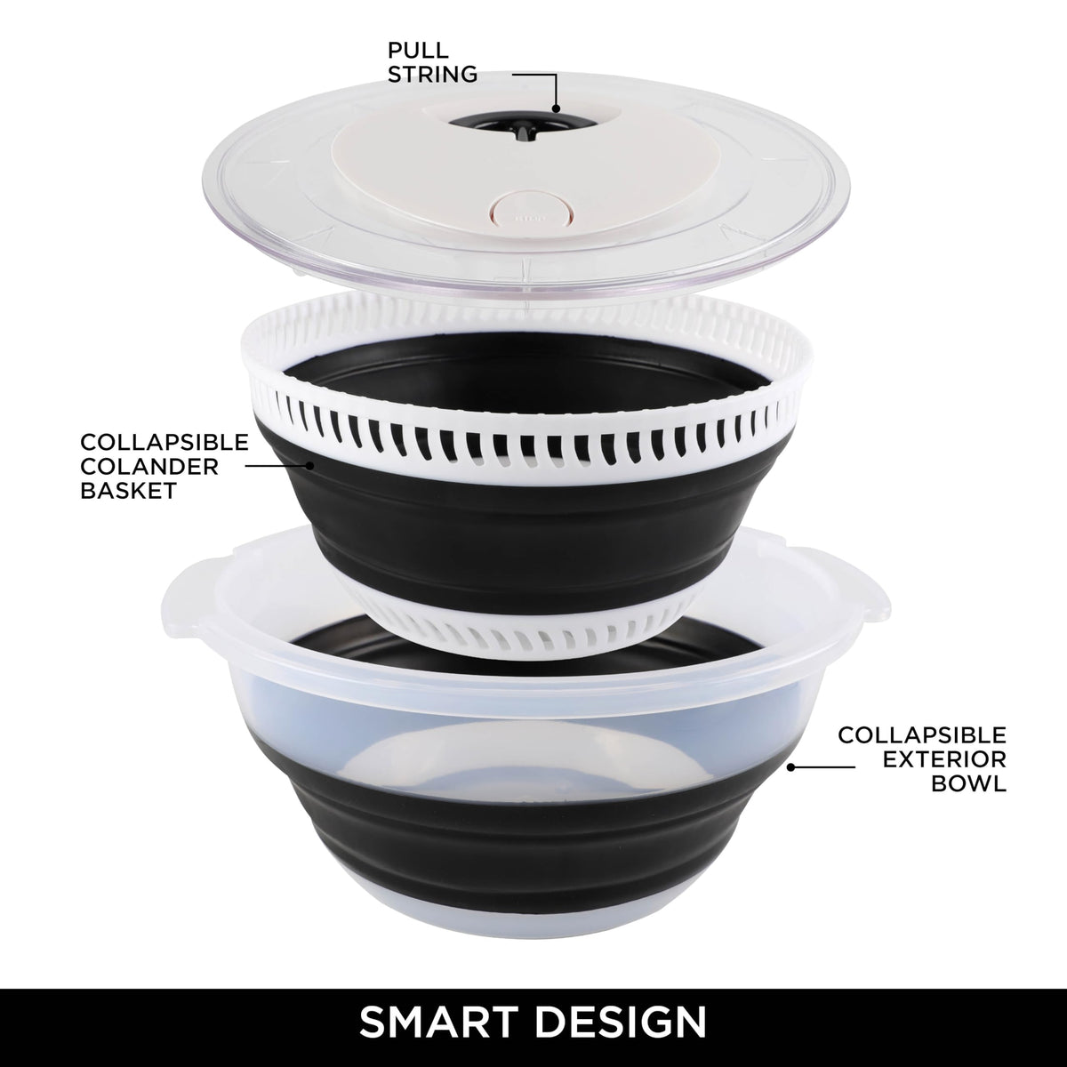 COOK WITH COLOR Collapsible Salad Spinner - 4 QT Space Saving Lettuce Dryer with Folding Collapsible Colander Great for Washing and Drying Fruit and Vegetables (Black)