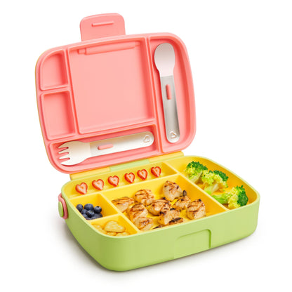 Munchkin Lunch Bento Box for Kids and Toddlers, Includes Stainless Steel Utensils, BPA-Free, 18 Months and Up, Pink/Green/Yellow