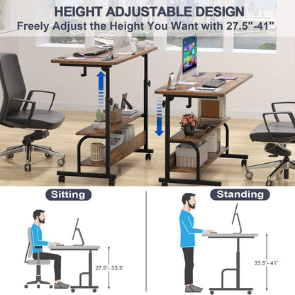 Armocity Rolling Standing Desk with Charging Station, Portable Height Adjustable Mobile Computer Desk with Wheels & 2-Tier Shelves & Hooks, Easy Assembly Laptop Table for Couch Bed, 39" Rustic Brown