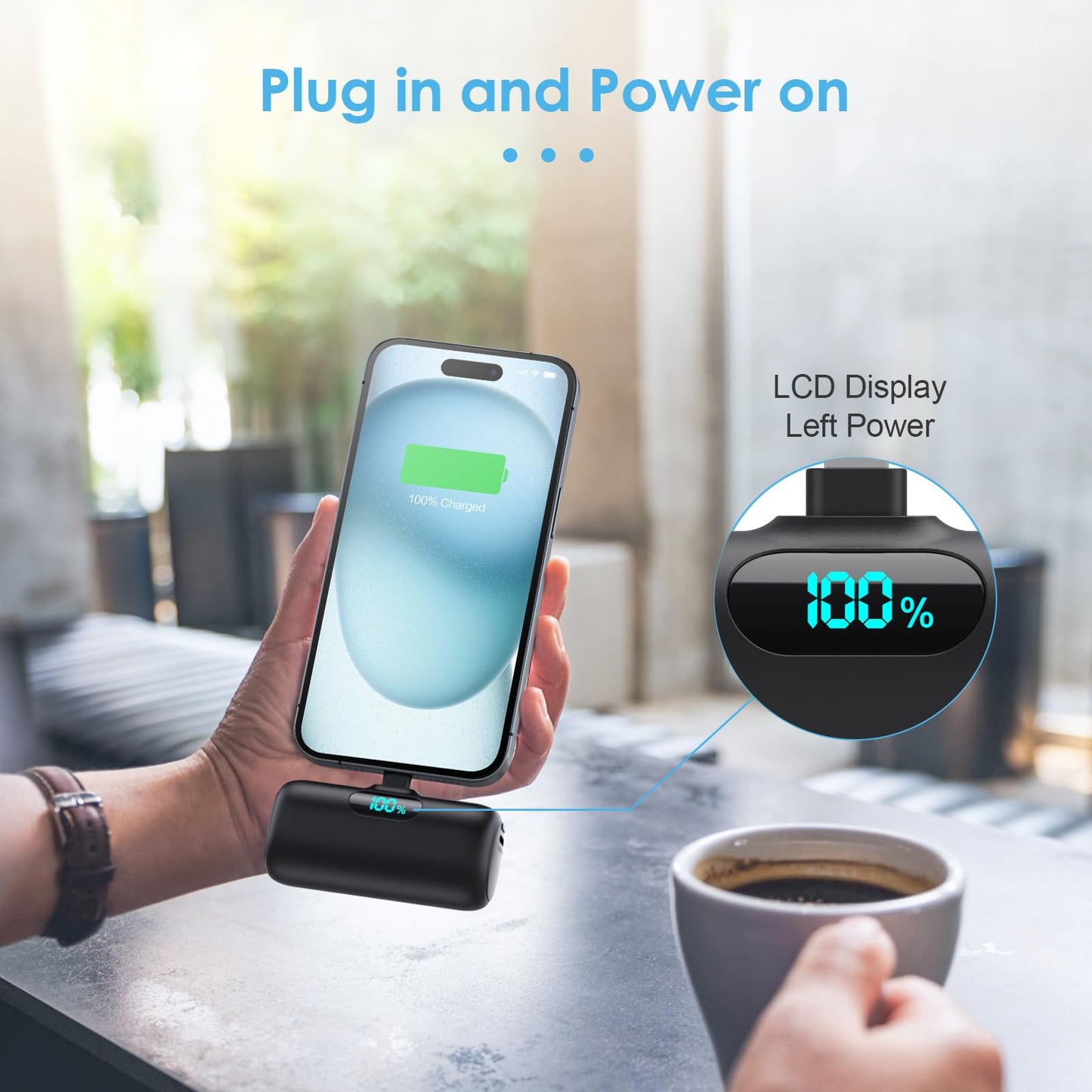 Mini Portable Charger USB C Power Bank,Upgraded 5000mAh PD Fast Charging Battery Pack Built-in USB-C Connector,LCD Display,Compatible with iPhone16,16 Plus,16Pro/Max/15,iPad Pro/Air,Android Phone etc