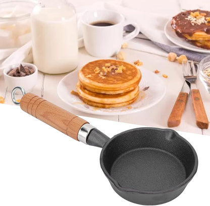 Fdit 10CM Casting Iron Frying Pan, Wood Handle Egg Skillet, Mini Flat Bottomed Pancake Pan