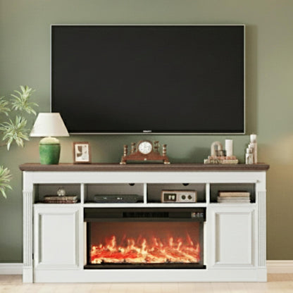 GAOMON 68 Inch Fireplace TV Stand for TVs Up to 75", Entertainment Center with 36'' Corded Electric Fireplace, Remote Controlled Realistic 3D Flame, Console Table with Storage Shelves, White+Brown