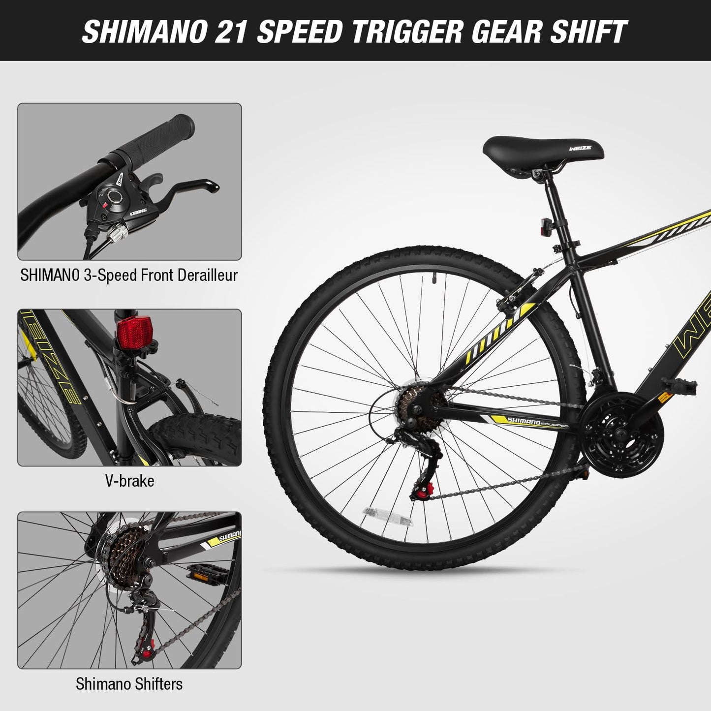 WEIZE Hardtail Mountain Bike, 29 Inch Wheels Outdoor Cycling Bike, 21-Speed Trigger Shifter, Aluminum Frame for Men and Women, Comfort Saddle, MTB Bicycle with Suspension Fork, Black