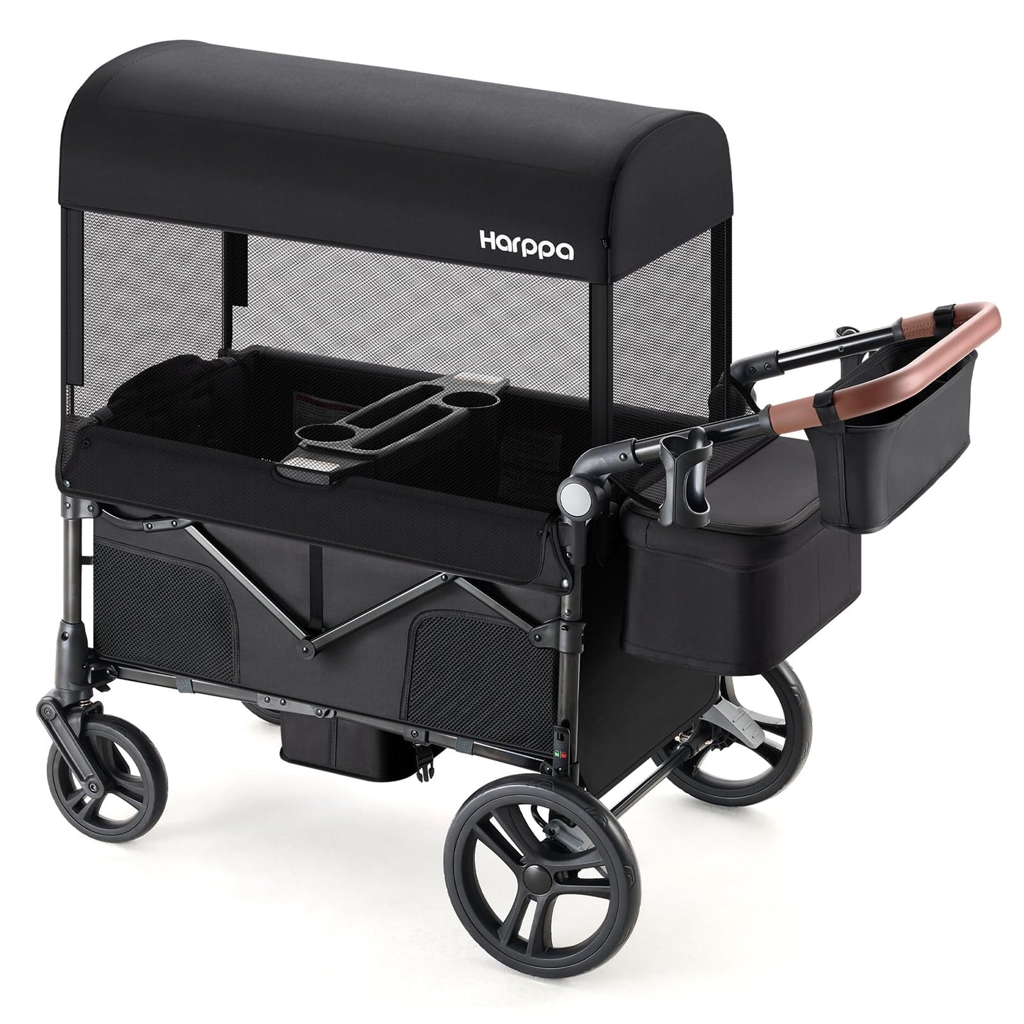 Harppa Remy Foldable Wagon Stroller for 2 Kids with Mosquito Net UPF 50+ Canopy, 110 lbs Capacity, 5-Point Harness, All-Terrain Wheels, Adjustable Handle for Park Zoo Camping Twins and Siblings Black