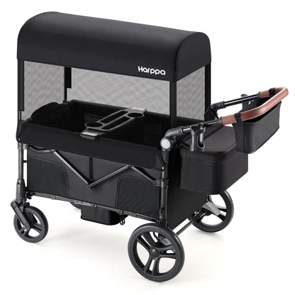 Harppa Remy Foldable Wagon Stroller for 2 Kids with Mosquito Net UPF 50+ Canopy, 110 lbs Capacity, 5-Point Harness, All-Terrain Wheels, Adjustable Handle for Park Zoo Camping Twins and Siblings Black