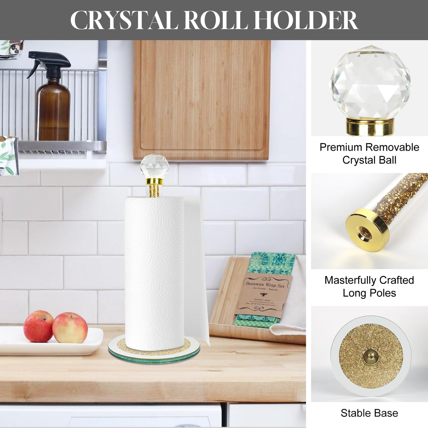 Paper Towel Holder Stand,Gold Countertop Paper Towel Roll Dispenser Holders with Round Base, Tissue Countert Filled with Crystal Sparkly Crushed Diamonds House Decor for Kitchen Bathroom，Heavy Weight