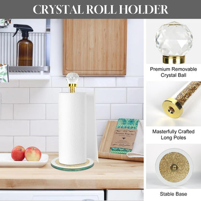 Paper Towel Holder Stand,Gold Countertop Paper Towel Roll Dispenser Holders with Round Base, Tissue Countert Filled with Crystal Sparkly Crushed Diamonds House Decor for Kitchen Bathroom，Heavy Weight