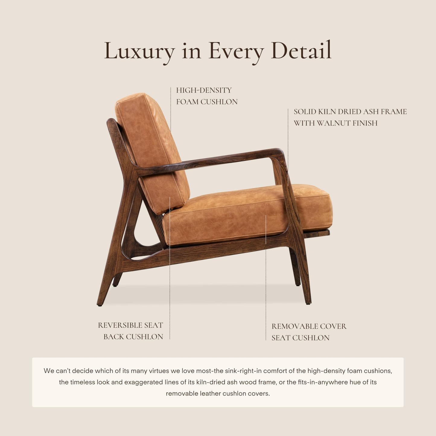Poly & BARK Verity Leather Accent Chair – Armchair with Walnut Wood Frame – Fashion-Forward Lounge Seating for Living Room – Upholstered in Cognac Tan Leather for Modern Style