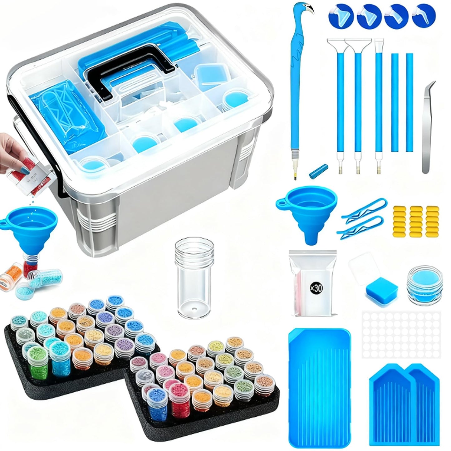 CXJINZE Diamond Painting Tools Accessories Storage-Kit 111Pcs 5D Set Portable Tool Box with Handle Craft Jewelry Bead Storage Blue Box Art Trays for Diamond Painting Accessories and Tools
