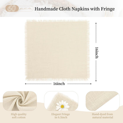 60 Pack Cotton Linen Napkins 16 x 16 Inch Linen Napkins Cloth Handmade with Fringe Soft Cloth Napkins Washable Rustic Dinner Napkins Cloth for Wedding Party Dinner Table(Natural)