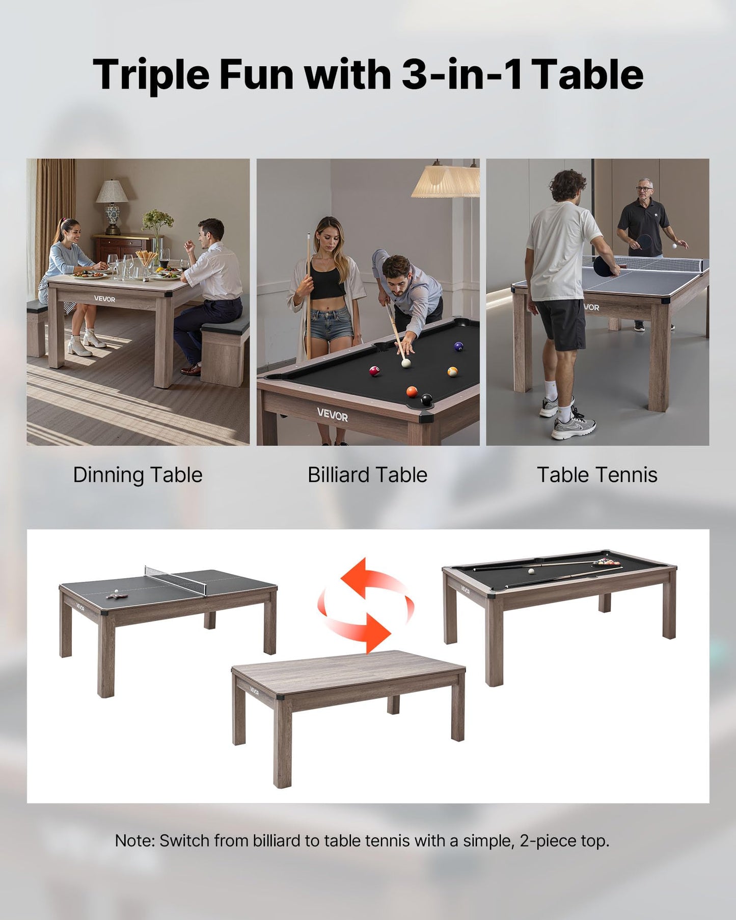 VEVOR 7ft Pool Table Combo Set, 3-in-1 Multi Game Billiards Tables with Dining Top and Ping Pong, 2 Benches for Storage and Accessories, Includes Ball Cue Rack Chalk Brush, for Family Recreation Room