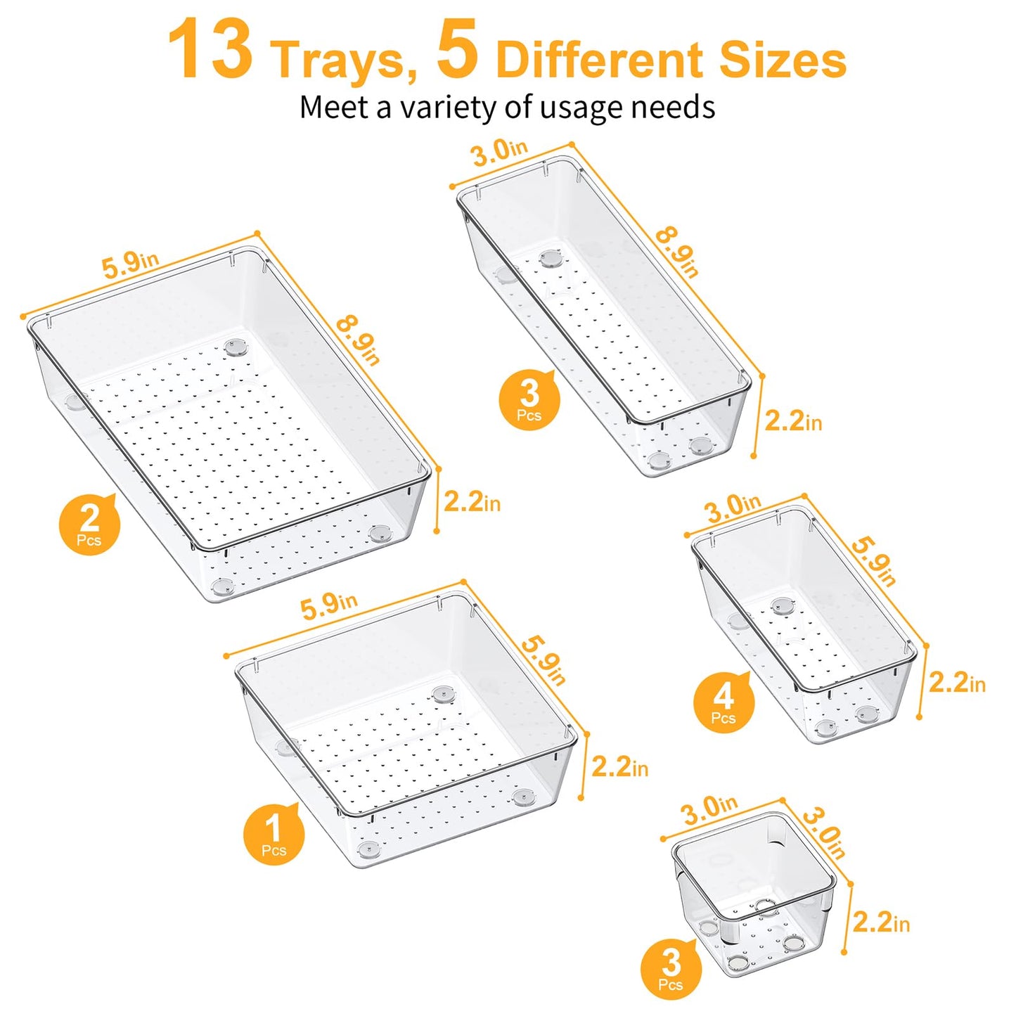SMARTAKE 13-Piece Drawer Organizers with Non-Slip Silicone Pads, 5-Size Desk Bathroom Drawer Organizer Trays Storage Tray for Makeup, Jewelries, Utensils in Bedroom Dresser, Office and Kitchen, Clear