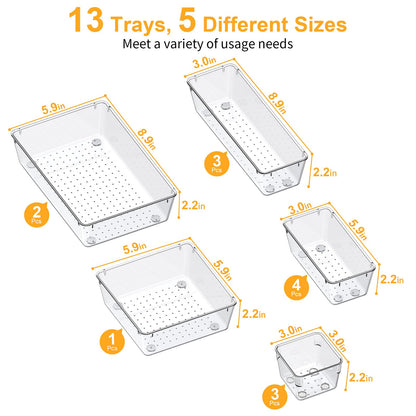 SMARTAKE 13-Piece Drawer Organizers with Non-Slip Silicone Pads, 5-Size Desk Bathroom Drawer Organizer Trays Storage Tray for Makeup, Jewelries, Utensils in Bedroom Dresser, Office and Kitchen, Clear
