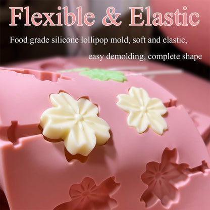 3Pcs Lollipop Mold Kit, 36 Capacity CHELIZIYA 3 Shapes Pink Silicone Candy Molds, Non-Stick Silicone Flower Chocolate Mold with 100Pcs Sticks, 100Pcs Bags, 100Pcs Ties for Party
