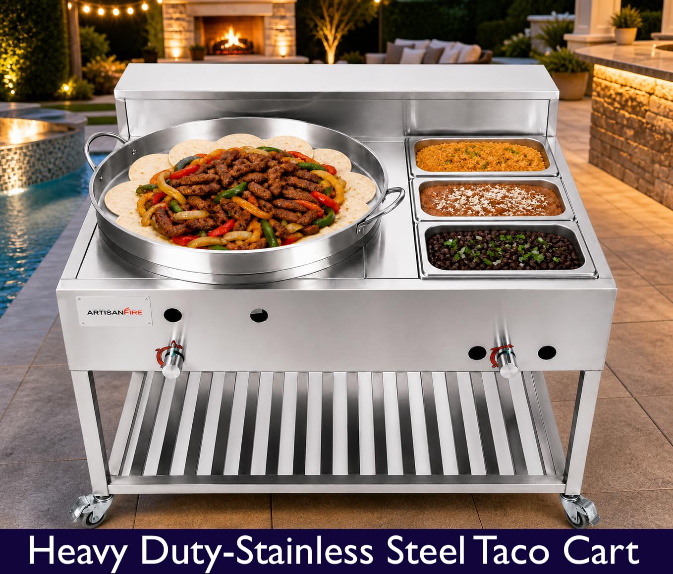 Stainless Steel Concave Discada Grill Stove with 3 Pan Steam Table-Large Comal Taco Cart-with Hose + Regulator-Ideal for Commercial and Home Use