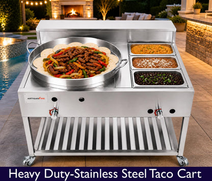 Stainless Steel Concave Discada Grill Stove with 3 Pan Steam Table-Large Comal Taco Cart-with Hose + Regulator-Ideal for Commercial and Home Use