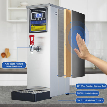 Hot Water Dispenser Commercial Water Boiler Electric Warmer Hot Water Machine Stainless Steel 30L(8GAL)/Hour Step-heating Temperature Control 86-212°F for Boba Tea Coffee Office Restaurant 1600W