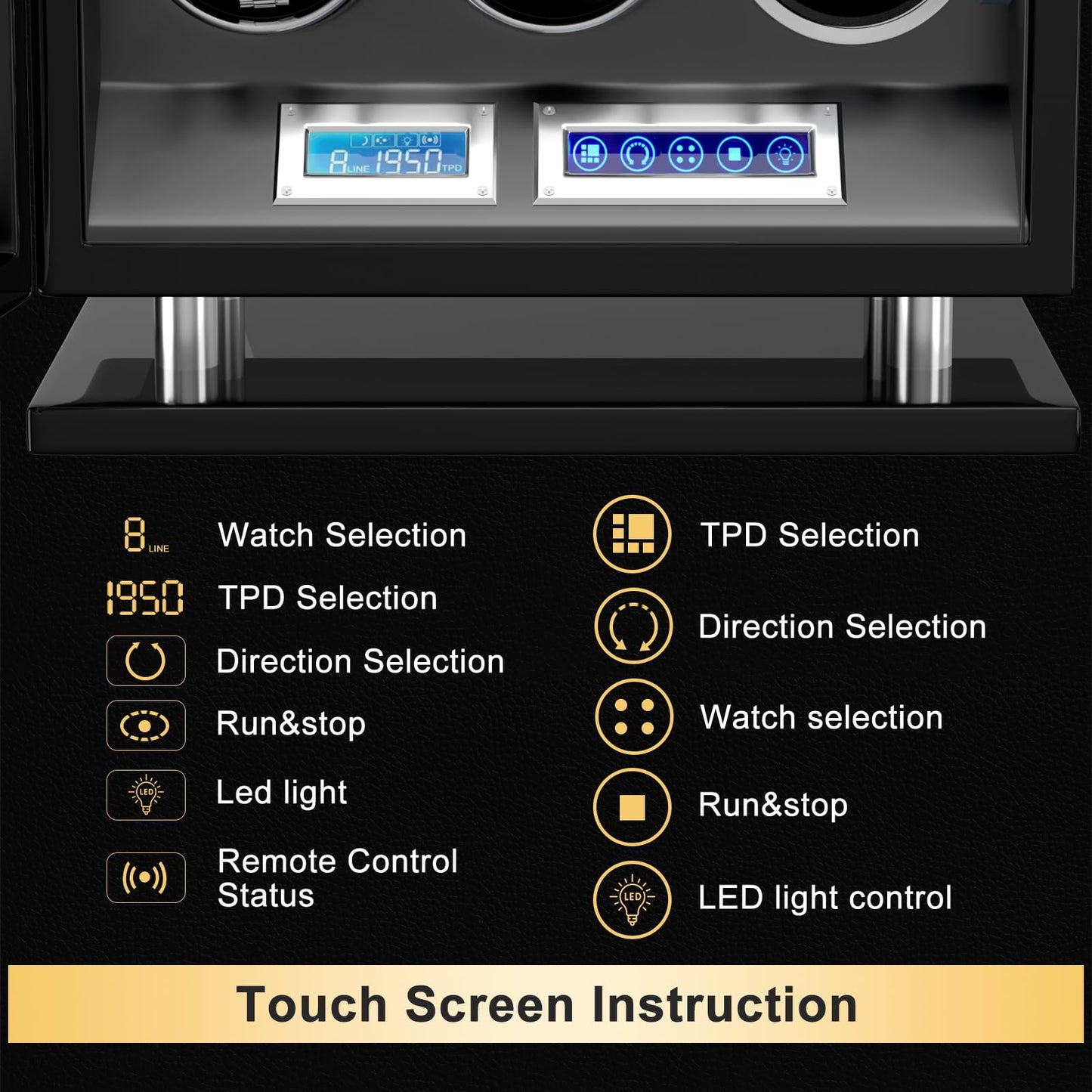 DUKWIN Watch Winder for 9 Automatic Watches, Fingerprint Lock Watch Winders with LCD Touchscreen, Blue LED Light, Remote Control,Adjustable Pillow and Quiet Motor for Universal Watches, 5TPD